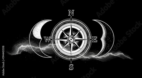 Mystical compass rose with crescent moons and lightning bolt, symbolizing direction, magic, and cosmic energy