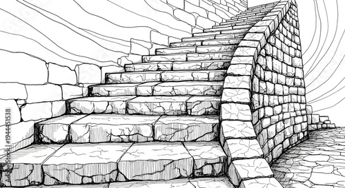 Architectural sketch of winding stone staircase, detailed hand-drawn illustration of ancient steps leading upwards, black and white art