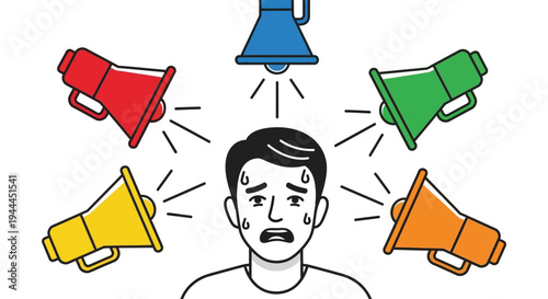 A frustrated man is overwhelmed by multiple loud megaphones projecting sound creating mental distress silhouette high quality professional detailed modern elegant