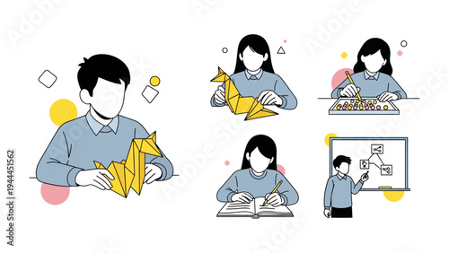 Creative Pursuits: A collection of illustrations showcasing various individuals engaging in creative hobbies, from origami to strategic planning and writing.