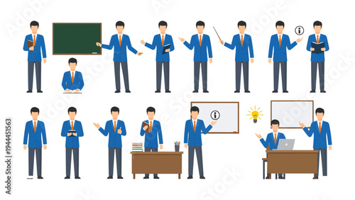 Teacher and Classroom Elements: A collection of cartoon illustrations depict a teacher in various poses, accompanied by classroom objects like a blackboard, whiteboard, desk, and books.