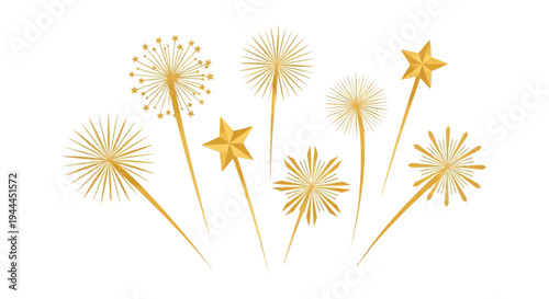 Golden fireworks and starbursts on a white background create a celebratory scene a striking silhouette high quality professional detailed modern elegant