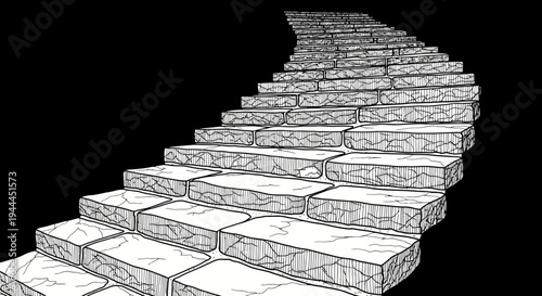 Hand-drawn winding stone staircase illustration on black, symbolizing progress, journey, challenge, and future path ahead.