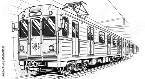 Classic black and white line art illustration of an urban subway train moving through a tunnel on railway tracks.
