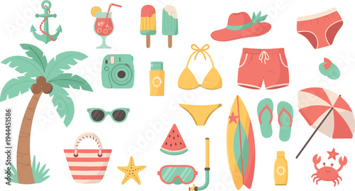 Summer Beach Vacation Collection with Swimsuit, Surfboard, Palm Tree and Tropical Accessories Vector Illustration Set