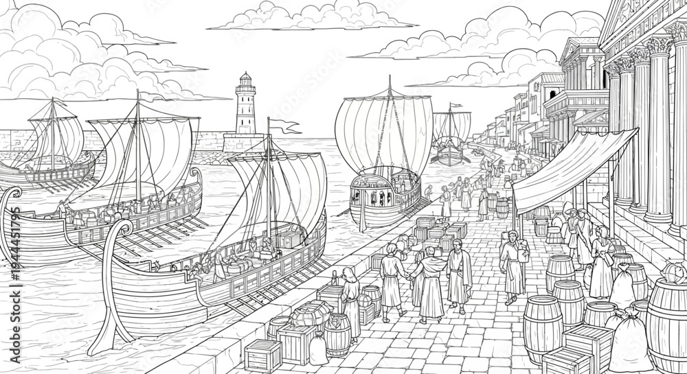 Fototapeta premium Detailed black and white illustration of an ancient port city with bustling marketplace, traditional ships, and classical architecture.