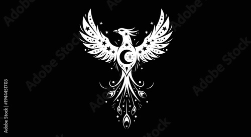 Elegant White Phoenix with Celestial Stars and Moon Illustration on Black Background, Mythical Bird Fantasy Graphic Design Element