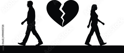 Man And Woman Walking Away From Broken Heart Showing Love Breakup Separation Relationship Ending Emotional Pain Concept Vector Illustration