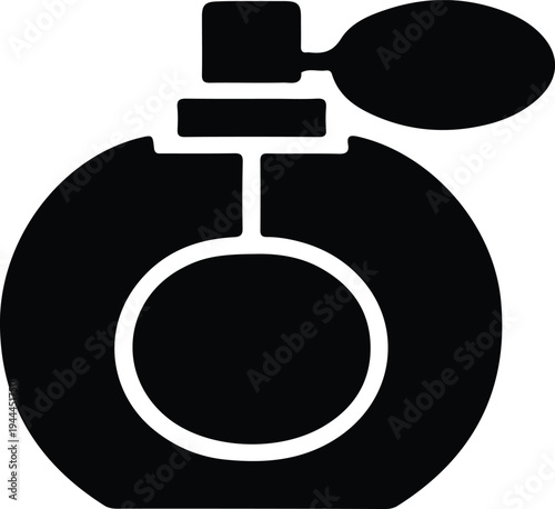 Minimal Perfume Bottle Silhouette Fragrance Icon, Simple black silhouette illustration of a perfume bottle with spray bulb, representing fragrance, cosmetics, beauty products, and luxury scent packagi