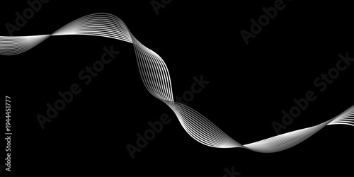 A 3d illustration of a sleek fork and spoon object featuring a liquid smoke flow and light curve lines over a black wallpaper backdrop pattern