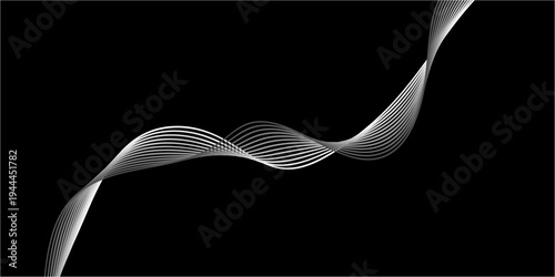 Abstract black and white background featuring a blue wave pattern with flowing vector lines and a motion gradient texture for a modern technology business backdrop