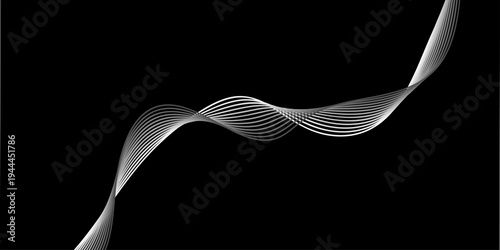 Abstract black and white background featuring a vector wave design with blue light curves and digital motion lines for a modern technology wallpaper