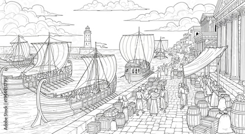 Detailed black and white illustration of an ancient port city with bustling marketplace, traditional ships, and classical architecture.