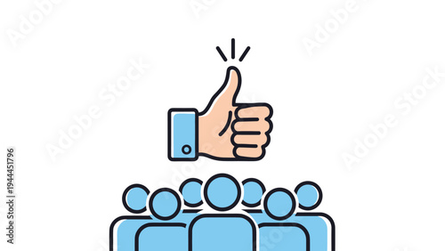 Large thumbs up icon positioned above a group of blue person icons symbolizing social approval and community consensus.