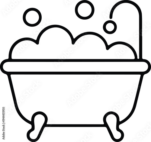 Minimal Bathtub With Bubbles Outline Bathroom Icon, Simple black line illustration of a bathtub filled with bubbles, representing bathing, hygiene, relaxation, and bathroom cleanliness concept.