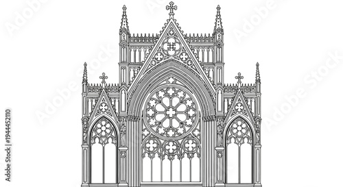 Intricate Gothic Cathedral Facade Illustration with Rose Window. Medieval Church Architecture Line Art Drawing.