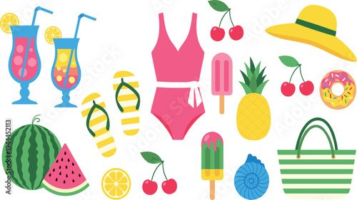 Summer Vacation Essentials Set with Swimsuit, Watermelon, Pineapple, Cocktails, Flip Flops and Beach Accessories Vector Illustration