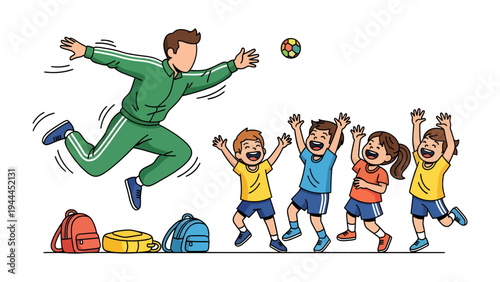 Active Play: A moment of joyful interaction unfolds as a coach engages with children during a lively game, embodying the spirit of play and engagement.