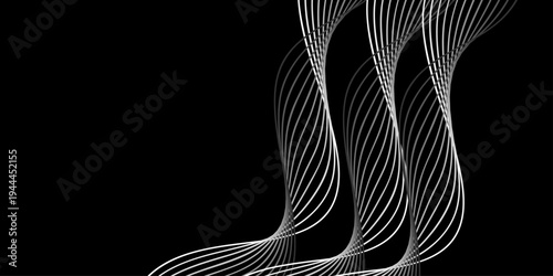 Abstract black and white background featuring a geometric pattern of 3d wave lines and curved stripes for a modern vector illustration texture