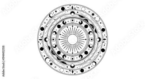 Intricate Celestial Mandala Vector Illustration: Sun, Moon Phases & Stars. Esoteric Spiritual Design Element