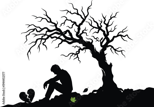 Lonely Sad Man Sitting Under Dead Tree With Broken Heart Showing Heartbreak Emotional Pain Loss Love Concept Vector Illustration