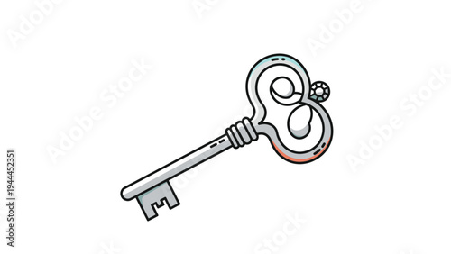 Elegant vintage skeleton key illustration with ornate decorations and a small jewel embedded in the handle design.