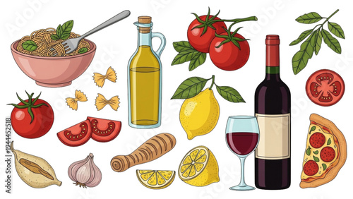 Delicious Italian meal with pizza wine and fresh ingredients on table