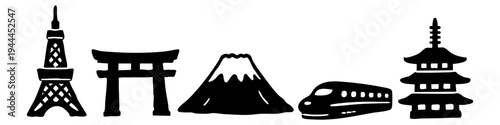 Minimalist black silhouette illustration of iconic Japan landmarks: Tokyo Tower, Torii gate, Mount Fuji, Shinkansen bullet train, and a traditional pagoda, isolated on white background.