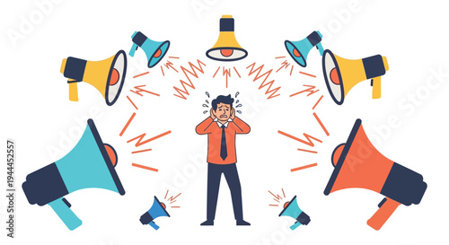 A stressed man is overwhelmed by multiple loud megaphones depicted in a striking silhouette high quality professional detailed modern elegant stylish
