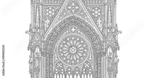Highly detailed Gothic cathedral facade line drawing, featuring an ornate rose window, intricate carvings, arches, and architectural grandeur.