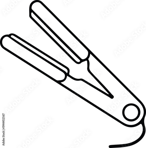 Minimal Hair Straightener Outline Beauty Tool Icon, Simple black line illustration of a hair straightener tool used for hairstyling, representing beauty salon equipment and personal hair care.