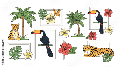 Toucans and cheetahs inhabit tropical jungle with palm trees and flowers.