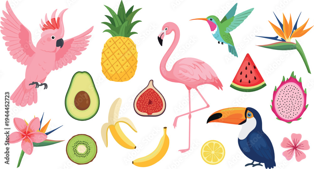 Obraz premium Tropical Exotic Collection with Flamingo Parrot Toucan Pineapple Banana and Colorful Cartoon Vector Illustration Set