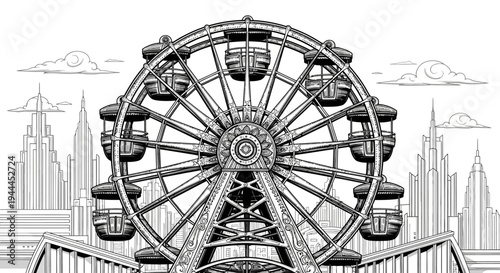 Detailed black and white illustration of a classic Ferris wheel at an amusement park with a generic urban city skyline in the background.