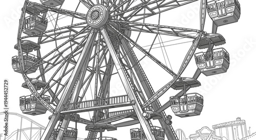 Detailed line art illustration of a classic Ferris wheel at an amusement park. Hand-drawn black and white graphic design element for fairground fun.