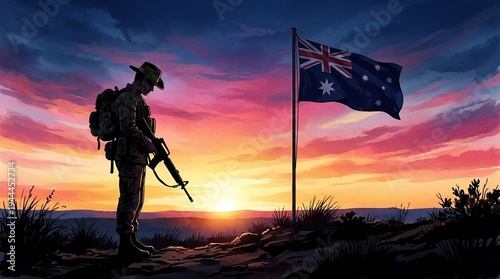 Anzac Day, Australian Flag, Soldier Silhouette, Remembrance Day, Lest We Forget, Military Memorial, Australian Army standing at dawn in the outback at sunrise for national pride.