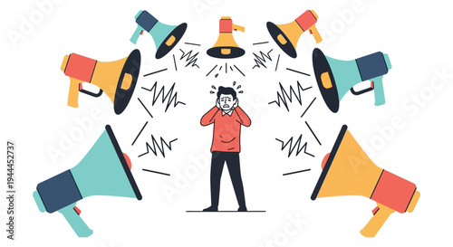A stressed person overwhelmed by loud noises and multiple megaphones emitting sound waves a striking silhouette high quality professional detailed modern