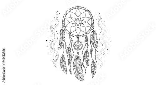 Black and white hand-drawn dreamcatcher with feathers illustration. Bohemian tribal ethnic amulet for good dreams, spiritual design element.