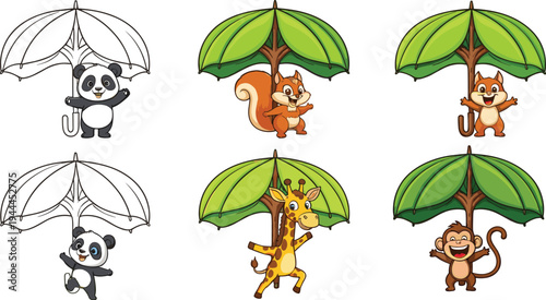 Collection of cute cartoon animals holding umbrellas with big leaves, panda, squirrel, giraffe, monkey vector illustration for children artwork.