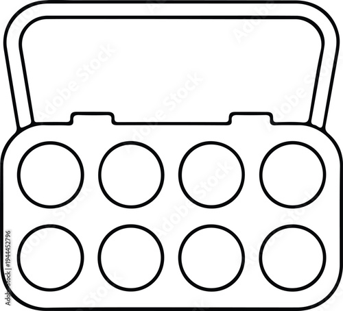 Minimal Makeup Palette Outline Cosmetic Icon, Simple black line illustration of an open makeup palette with multiple pans, representing cosmetics, eyeshadow set, beauty products, and makeup tools.