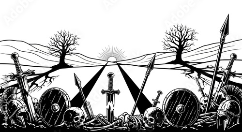 Ancient battlefield relics: swords, shields, helmets, skulls, bones, and barren trees. Path to distant sun. Black and white illustration.