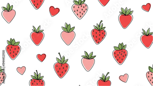 Illustration of strawberries and hearts scattered on a surface