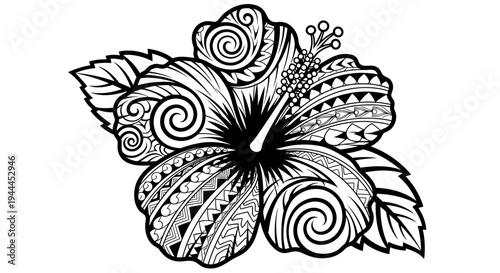Detailed tribal hibiscus flower vector illustration. Black and white decorative floral design with intricate Polynesian patterns.