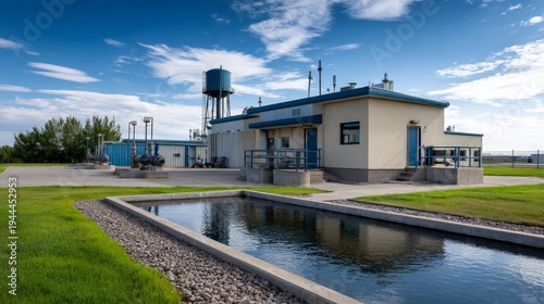 Modern Industrial Facility with Water Tower and Clear Sky View