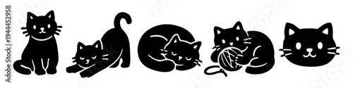 Minimalist set of cute black cat silhouettes in various poses like sitting, stretching, sleeping, and playing with yarn. Flat vector icons for pet-themed designs isolated on white background.