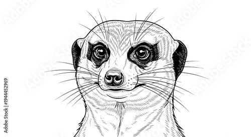 Detailed hand-drawn meerkat illustration, black and white sketch of a cute wild animal's head and face looking forward