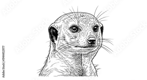 Intricate hand-drawn meerkat illustration, black and white detailed portrait of a wild African mammal, realistic wildlife art