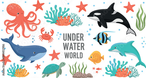 Underwater sea animals vector set with octopus, whale, dolphin, orca, turtle, fish and coral cartoon ocean illustration