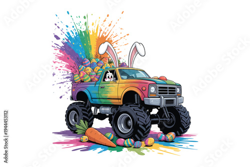 A colorful monster truck overflowing with easter eggs and a bunny driver bursts through a vibrant paint splash on transparent background.
