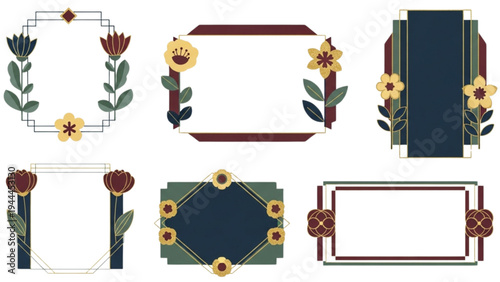 Collection of six decorative floral frame illustrations with sunflowers and leaves